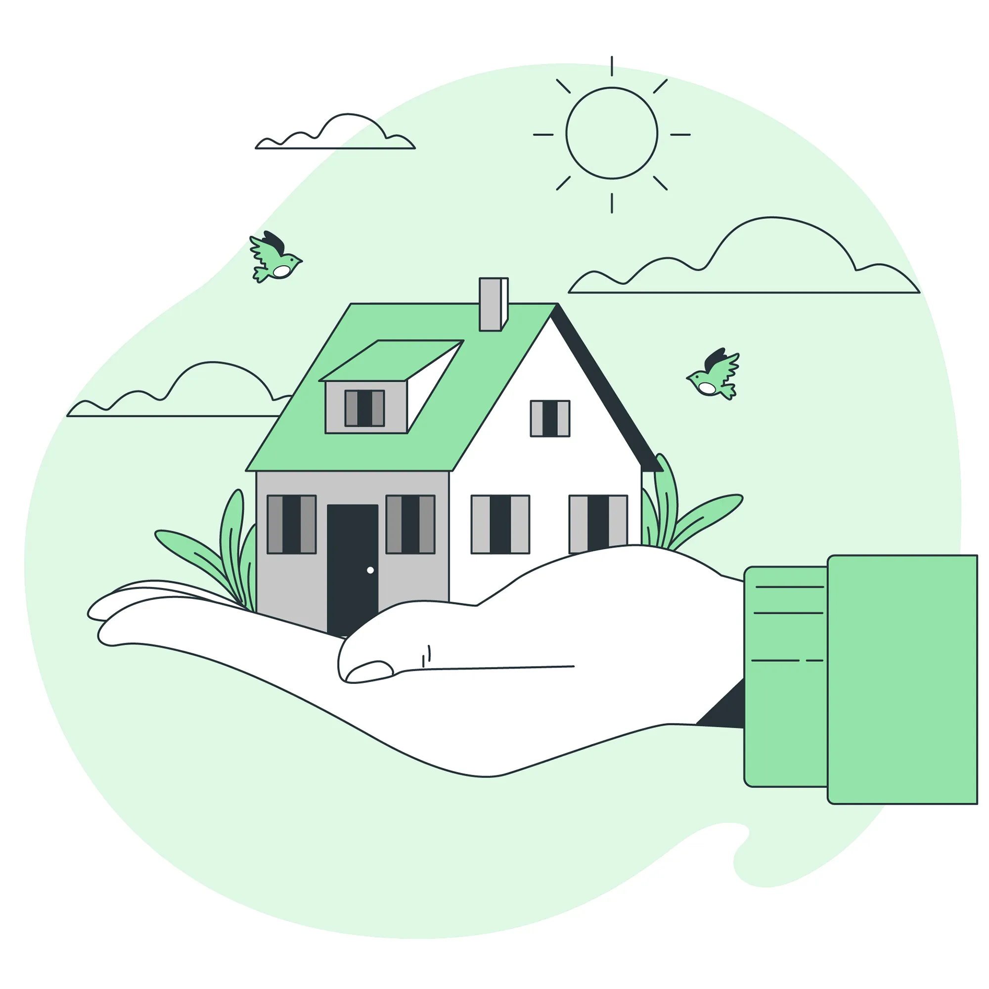 A green house with nature around it, in a persons hand to reflect the advantages of green mortgages.