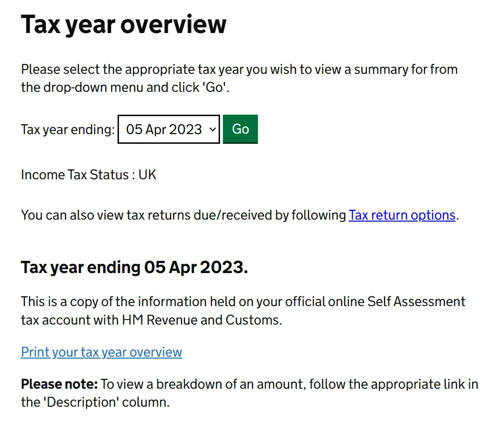 A screenshot showing how to generate and print your tax year overview.